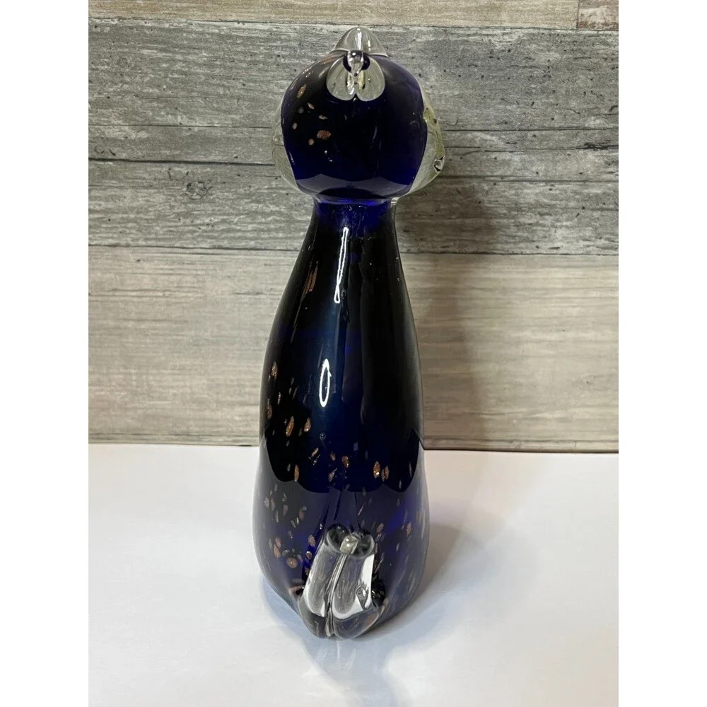 Vintage Art Glass Cobalt Blue and Clear Cat Figurine Gold Copper Flakes Inside